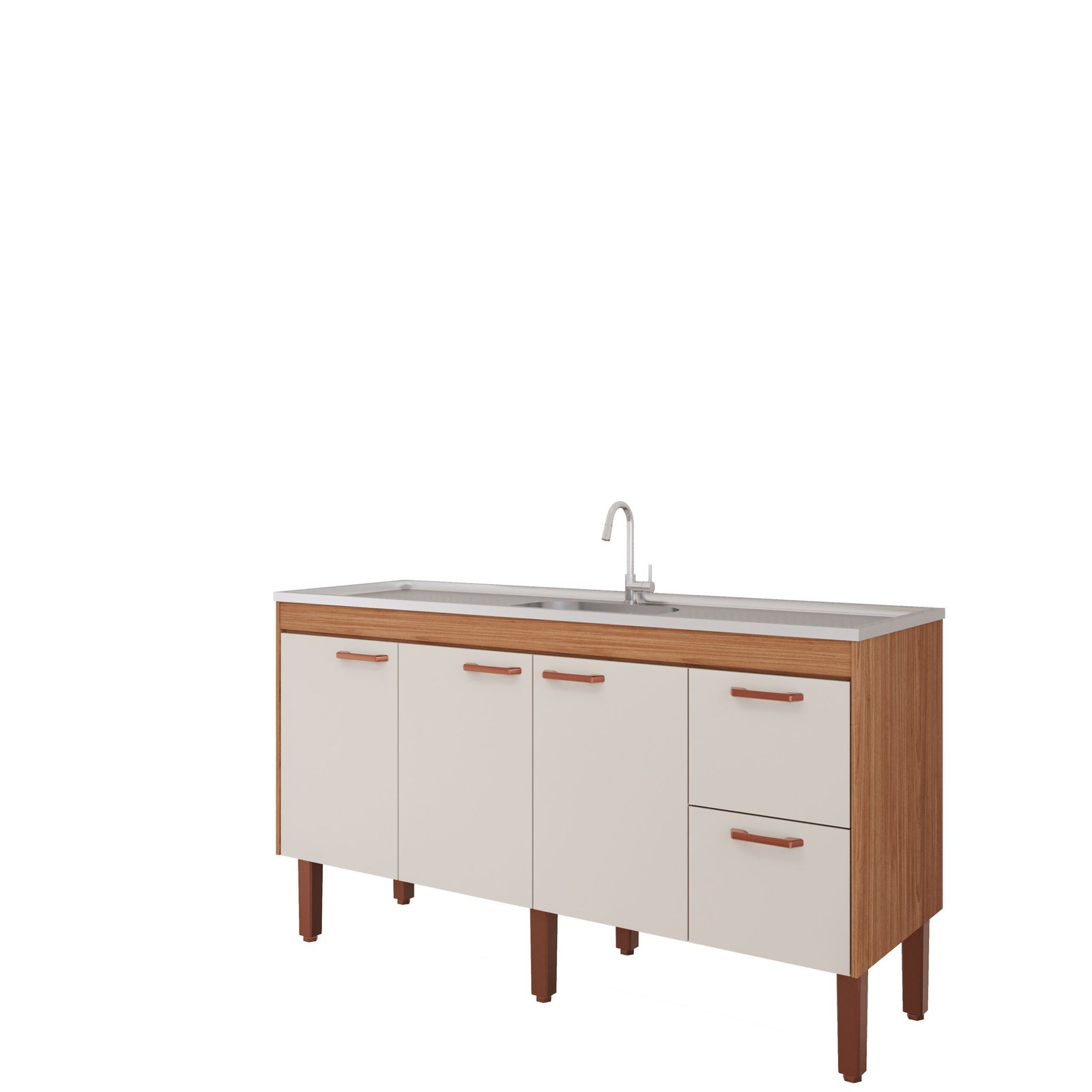 Balcão Armário Cozinha Gabinete Pia 154cm 100% Mdf Cor Freijó/off White