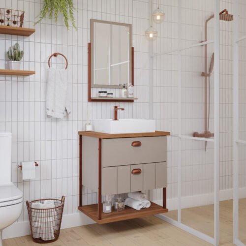 KIT ARMÁRIO E ESPELHEIRA UNI CAPPUCCINO/FREIJÓ MGM MOVEIS - CONJUNTO ARMARIO + ESPELHEIRA + PIA