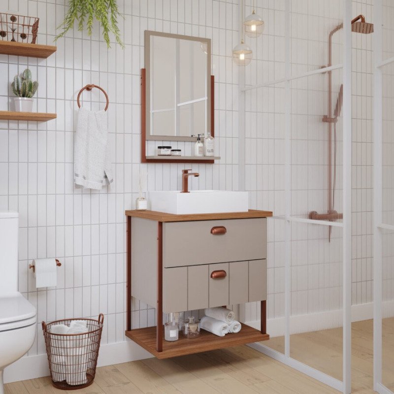 KIT ARMÁRIO E ESPELHEIRA UNI CAPPUCCINO/FREIJÓ MGM MOVEIS - CONJUNTO ARMARIO + ESPELHEIRA + PIA