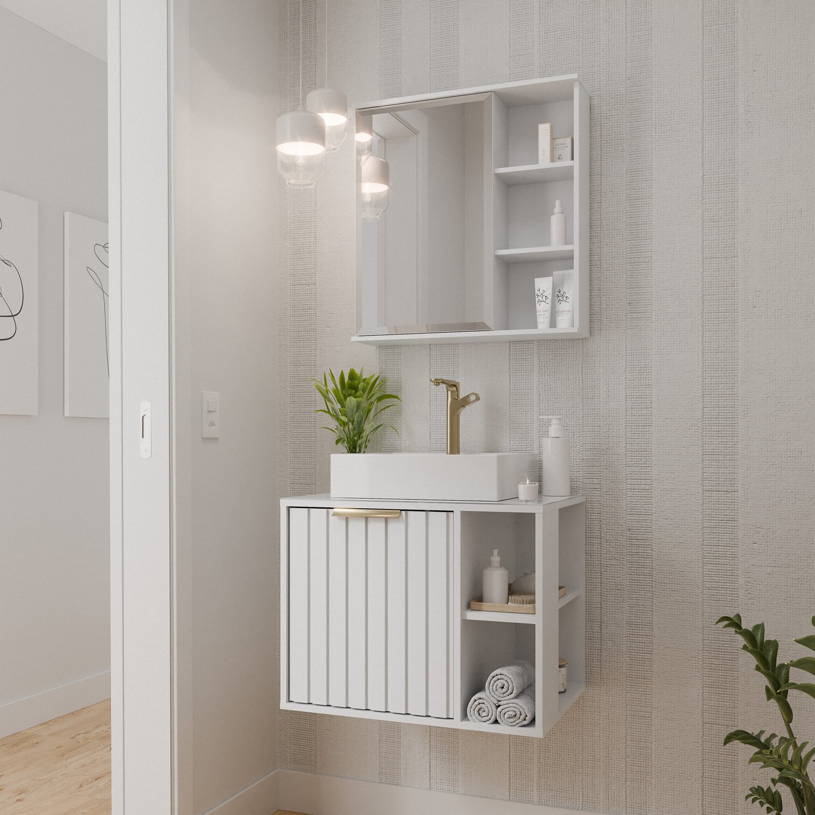 KIT ARMÁRIO C/ ESPELHEIRA NORUEGA BRANCO MGM MOVEIS - CONJUNTO ARMARIO + ESPELHEIRA + PIA