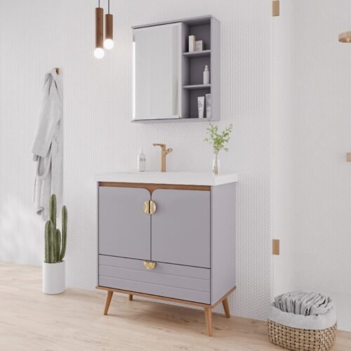 KIT ARMÁRIO C/ ESPELHEIRA TRANCOSO PLATINA MGM MOVEIS - CONJUNTO ARMARIO + ESPELHEIRA + PIA