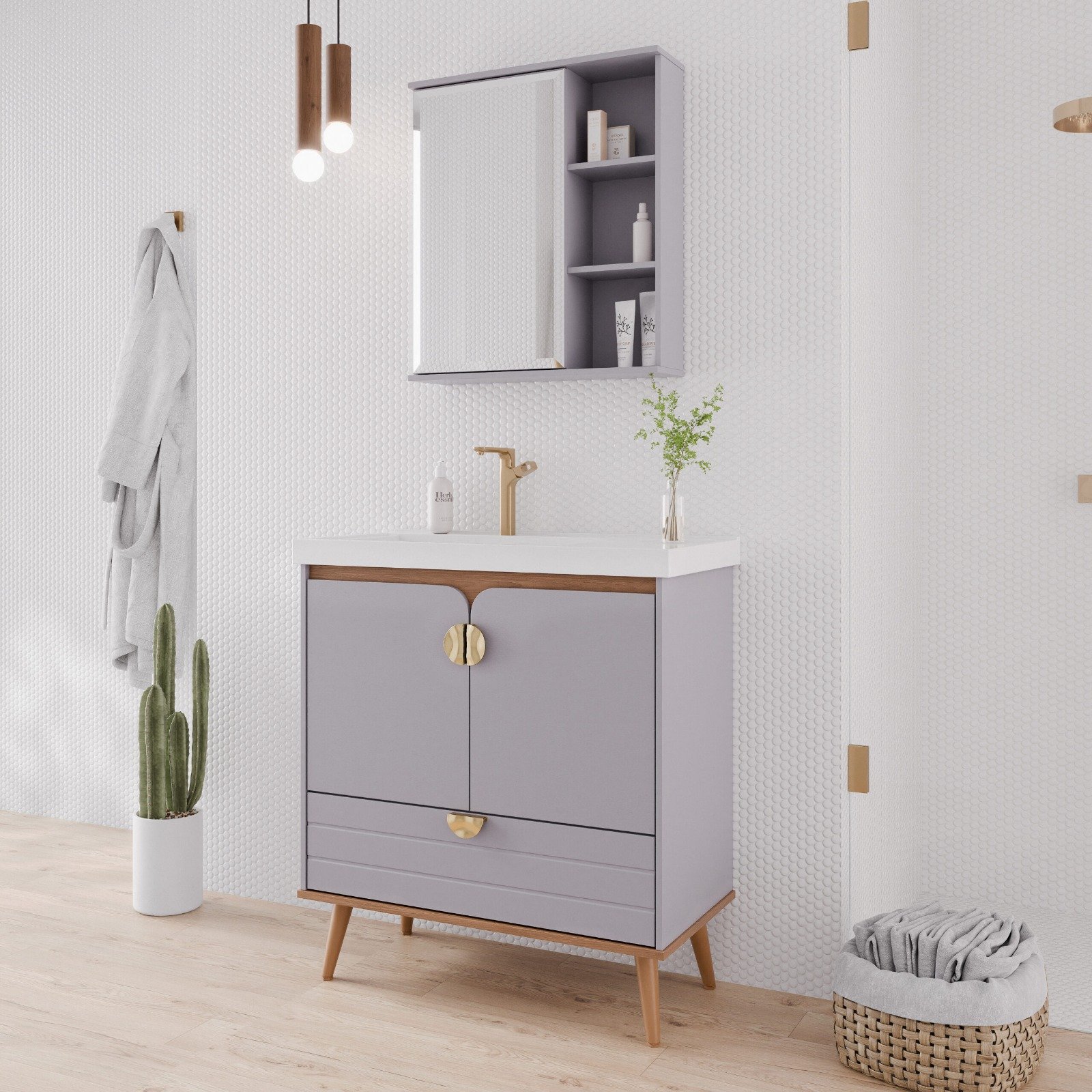 KIT ARMÁRIO C/ ESPELHEIRA TRANCOSO PLATINA MGM MOVEIS - CONJUNTO ARMARIO + ESPELHEIRA + PIA